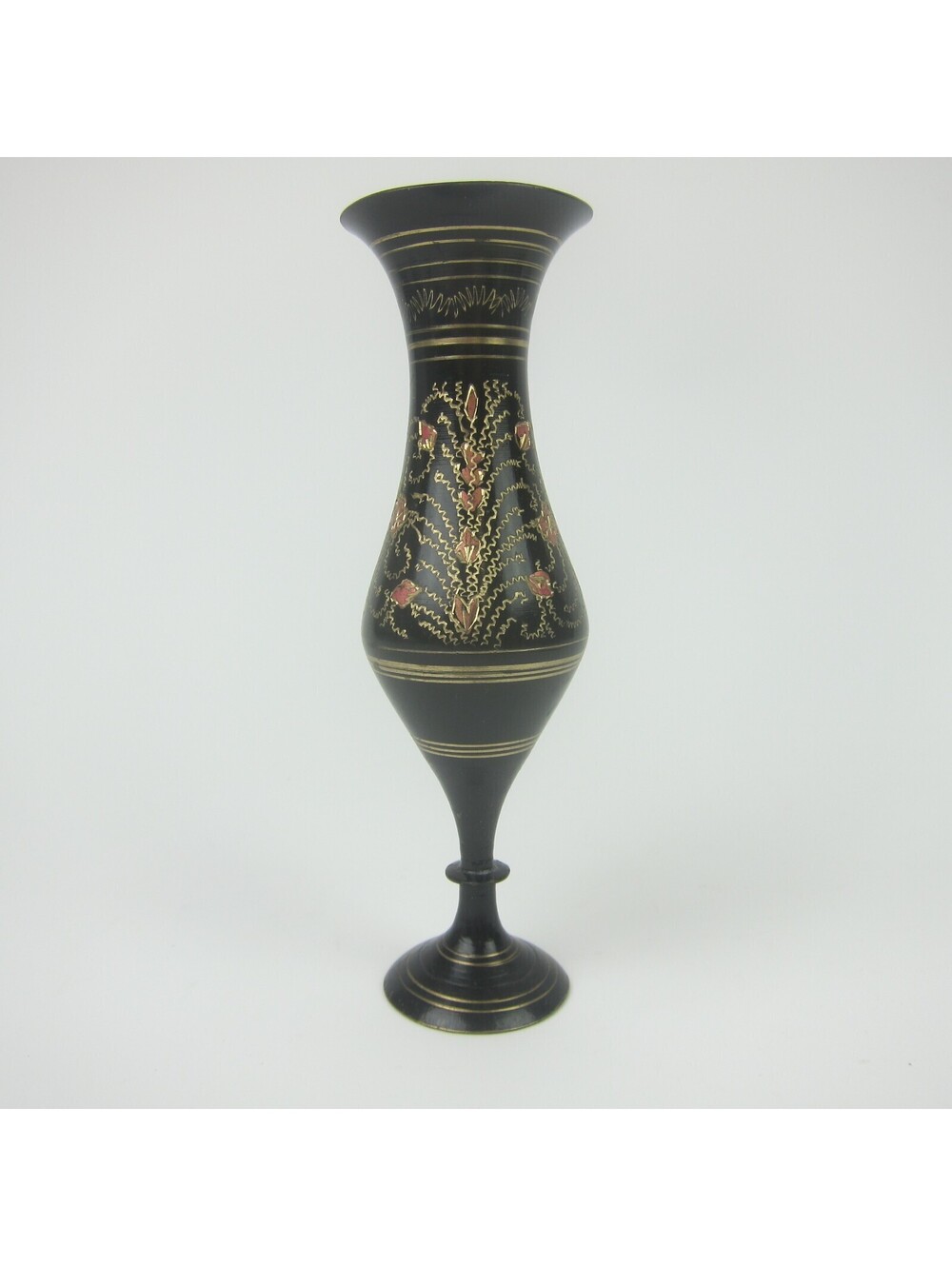 Vintage 1960s Brass Vase Black & Gold Etched Floral Pattern Pink Copper India